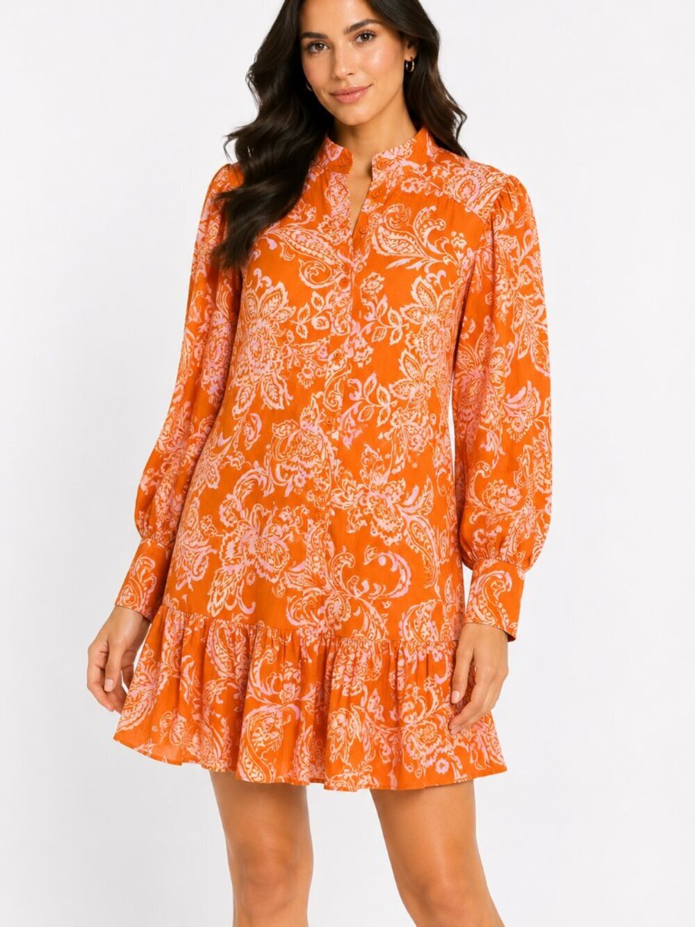 Tyler Boe Orange Paisley Linen Blend Tiered Shirt Dress S